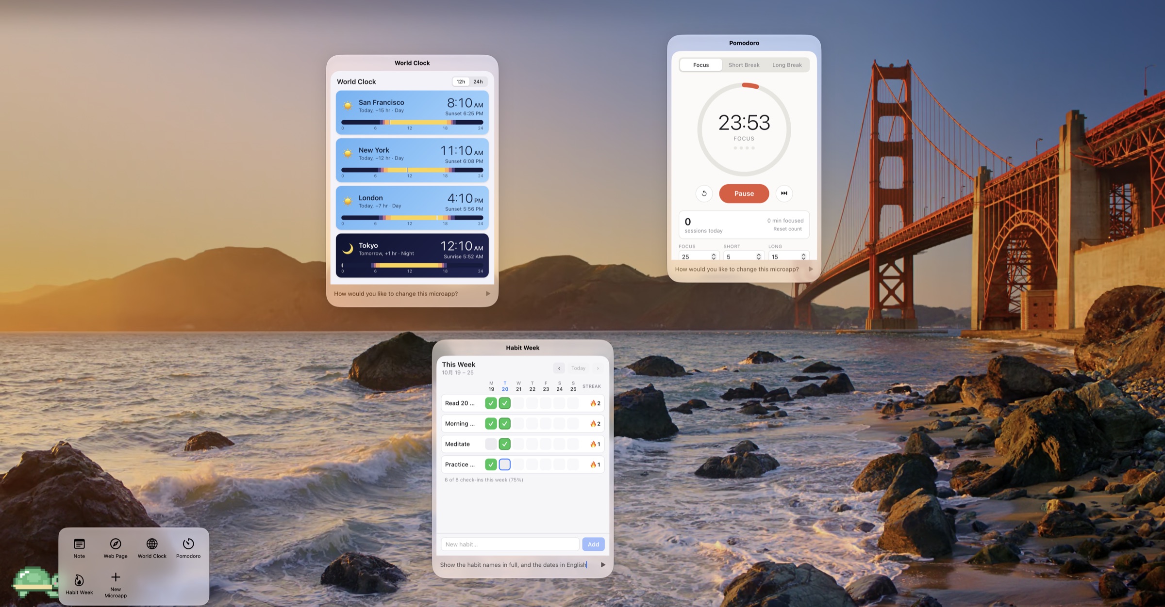 Three microapps Claude made floating on the desktop (a world clock, a Pomodoro timer, and a habit tracker with a change request typed into its bar) beside the turtle's launcher